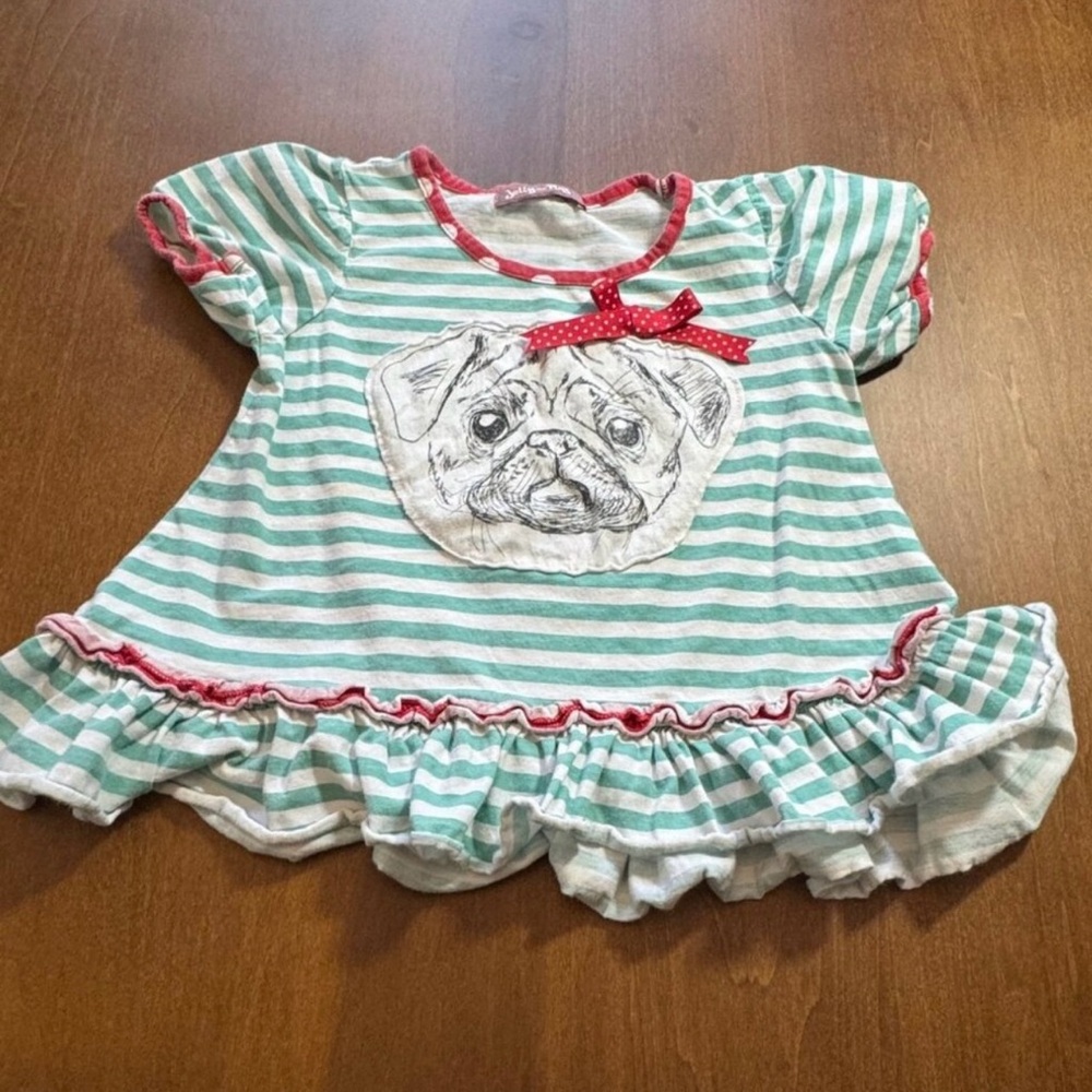 Jelly the Pug Girls Striped Dog Print Shirt with Ruffles and Bow Size 7